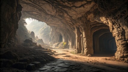 Wall Mural - sunlight filters through the entrance of a massive cave, illuminating a path leading deeper into the