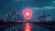 © miss irine - Industrial facility at night secured by digital shield. Cybersecurity protection visible over facility. Critical infrastructure safety concept. Modern tech safety solution implemented. Industrial