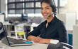 © peopleimages.com - Portrait, call center and laptop with business woman in office for communication, contact us and customer support. Telemarketing, crm and help desk with person in agency for consulting and hotline