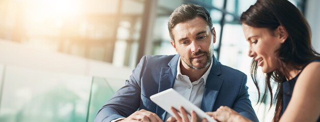 Leinwandbilder - Banner, advice and tablet with business people in office for web design, planning and target audience research. Collaboration, teamwork and project with employees in creative agency for meeting