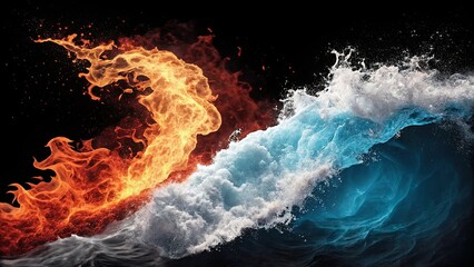 Poster - A fire and water wave with a blue and white background