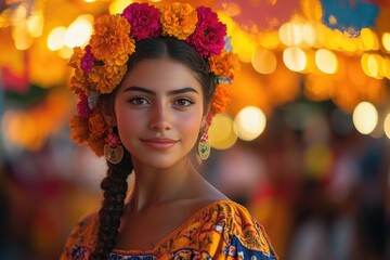 Wall Mural - Mexican woman wearing traditional dress and flower crown smiling at celebration