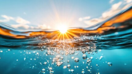 Wall Mural - bubbles rise in clear water as golden sunlight dances on the surface, lighting up the serene aquatic