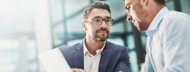Leinwandbilder - Tablet, meeting and business men in office with research for online stock market investment. Discussion, team and male financial advisors with digital technology for company capital gain proposal.