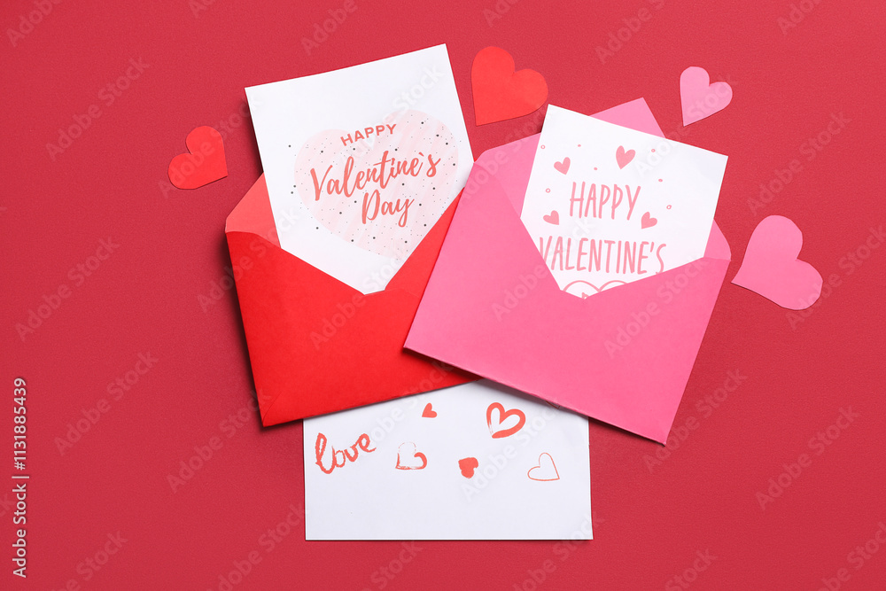 Envelopes with gift cards and paper hearts on red background. Valentine's day celebration