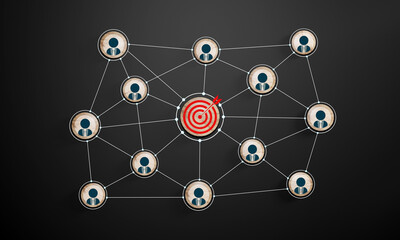 Wall Mural - red dartboard and red arrow connection linkage with human icon for customer focus target group and c
