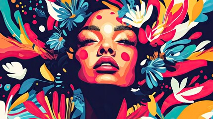 Poster - Vibrant portrait of a woman surrounded by colorful flowers and abstract shapes.