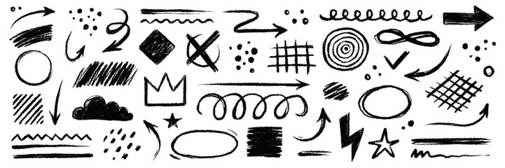 Aufkleber - Arrow brush line chalk sketch texture brush vector set. Crayon marker scribble sketch stroke arrow element line brush hand drawn design. Texture abstract chalk, crayon style. Vector illustration