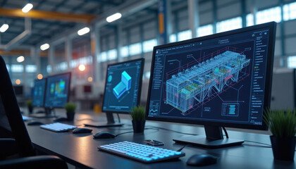CAD design software displayed on computer monitors in industrial factory. Engineers technicians work on 3D models on multiple screens. Detailed tech drawing shows industrial structure. Factory