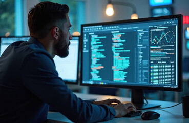 manager carefully reviews system logs on large desktop monitor. Performance analysis, assessment of tech system in progress. Dark office environment suggests late-night work. Image portrays intense