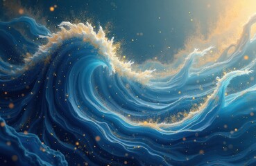 Poster - Abstract wavy blue, gold ocean. Dynamic water swirl pattern with gold particles. Art design for modern decor. Unique illustration for luxurious branding. Stylish design suitable for wallpaper posters.