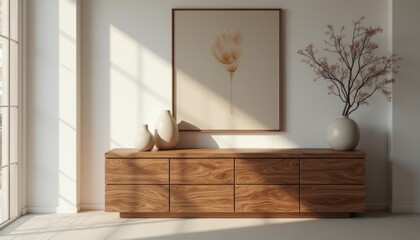 Poster - A beautifully crafted wooden sideboard is adorned with elegant vases and a delicate floral artwork, creating a serene atmosphere. Soft sunlight streams through the window, casting gentle shadows and