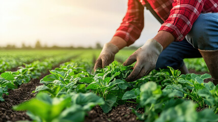 Wall Mural - Harvesting organic yields efficiently Concept. Farmer harvesting organic crops in green field