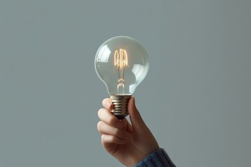 Poster - Hand holding illuminated lightbulb against gray background.