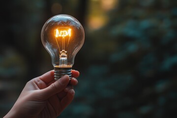 Poster - Hand holding illuminated lightbulb with 