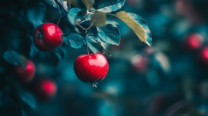 Poster - Vibrant Red Apples on Tree Branches with Dew in Lush Green Bokeh Background : Generative AI