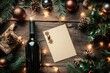 © HO - A rustic New Year setup featuring a wine bottle, a card, and natural decorations like wooden ornaments, holly branches, and twinkling fairy lights.