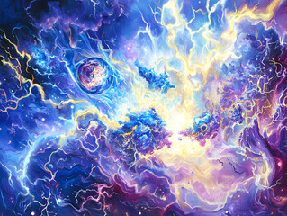 Wall Mural - Cosmic explosion event in deep space abstract art visualizing stellar phenomena and energy waves in vibrant colors