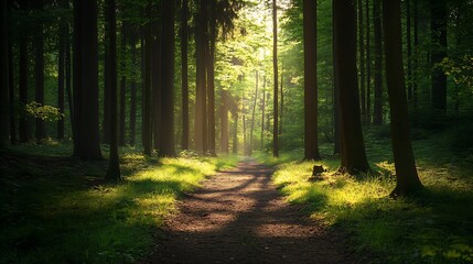 Poster - Serene Pathway Through a Sunlit Green Forest : Generative AI