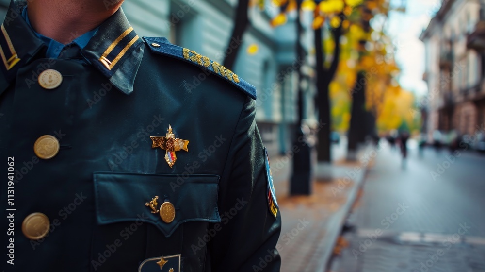 Military officer in uniform standing solemnly on deserted city street ...