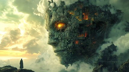 Canvas Print - Colossal Stone Face City: A Surreal Landscape