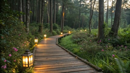 Wall Mural - warm lights illuminating a wooden walkway winding its way through a tranquil forest at twilight, cre