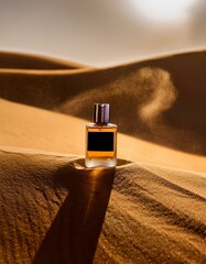 Wall Mural - Amber perfume bottle in desert setting. Warm, exotic fragrance.