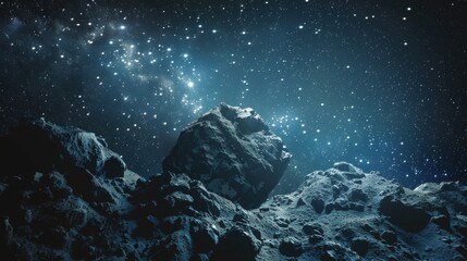 Wall Mural - large, imposing asteroid dominates the foreground, its rugged surface contrasting against the backdr