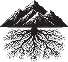 Wall Mural - Roots merging with mountain silhouettes vector illustration