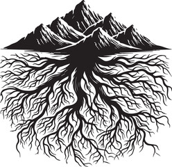 Wall Mural - Roots merging with mountain silhouettes vector illustration