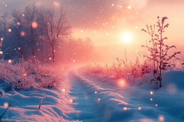 Fototapete - Dreamy Winter Landscape with Snowflakes and Pastel Colors Background