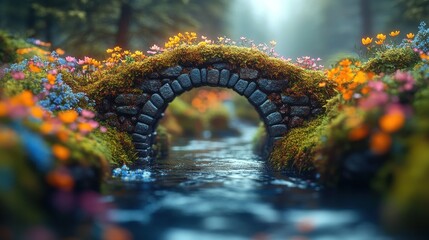 Wall Mural - Stone bridge over stream in vibrant floral forest.