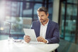 © peopleimages.com - Research, happy and man with tablet, office and confident of market analysis, trader and corporate. Proud, online and professional with glasses, digital and smile for business, investment and tech