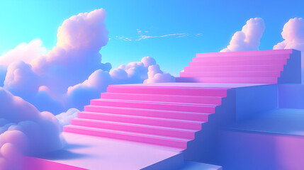 Wall Mural - Pink stairs ascend into a pastel sky among fluffy clouds