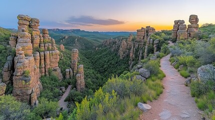 Wall Mural - Sunset over a scenic canyon with unique rock formations and a winding trail.