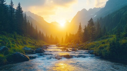 Wall Mural - Sunset over mountain river.