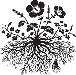 Wall Mural - Roots intertwined with flowers silhouettes vector illustration