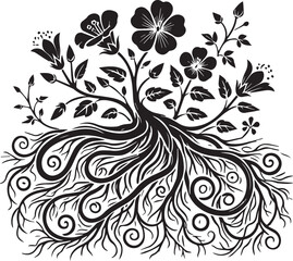 Wall Mural - Roots intertwined with flowers silhouettes vector illustration