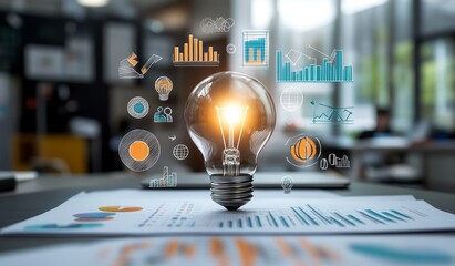 Poster - Illuminated lightbulb on documents with financial charts, symbolizing innovative business ideas.