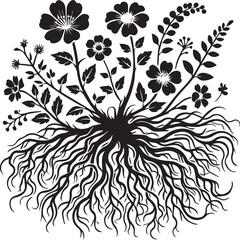 Wall Mural - Roots intertwined with flowers silhouettes vector illustration