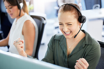 Poster - Consultant, call center and celebration in office for deal, sales success or negotiation goal. Excited woman, promotion or telemarketing for b2b support, victory or good news for business achievement