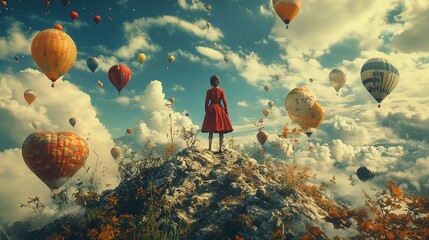 Canvas Print - Woman in Red Dress, Surreal Hot Air Balloon Dream