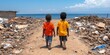 © thanawat - Two children walk toward the ocean, surrounded by piles of garbage, highlighting the contrast between nature and pollution.