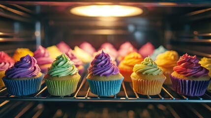 Wall Mural - Colorful cupcakes with vibrant frosting baking in an oven.