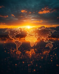 Aufkleber - A world map radiating with the warmth of sunset light, adorned with intricate digital designs symbolizing global innovation