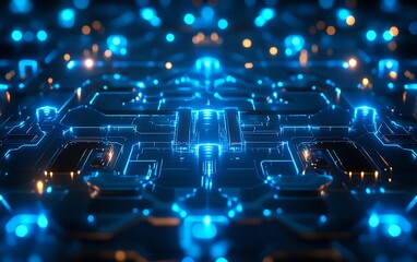 Poster - An abstract blue network design with glowing nodes and pulsating connections, showcasing a futuristic concept of digital interconnectivity