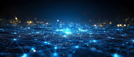 Leinwandbilder - An abstract blue network with glowing points, creating an interconnected web of digital lines and nodes in a futuristic design