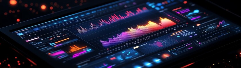 Aufkleber - An advanced digital data interface on a tablet, featuring colorful graphs and interactive charts, against a darktech background