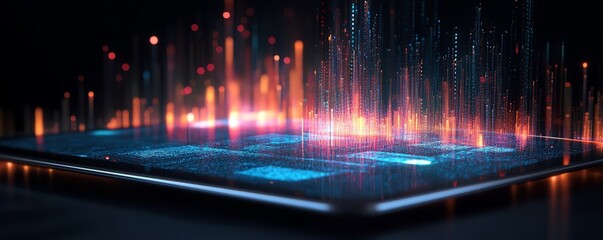 Leinwandbilder - A 3D digital data visualization on a tablet screen, showcasing realtime metrics, interactive graphs, and glowing data lines