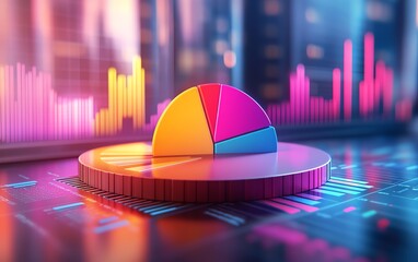 Leinwandbilder - A colorful 3D pie chart floating above a financial report background, with charts, graphs, and detailed statistics in high resolution